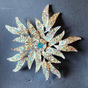 Vintage Sarah Coventry Silver Tone Iridescent Rhinestone Flower Brooch Pin